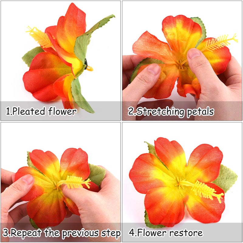 KUUQA 60 Pcs Wrinkle Prevention Flowers and Tropical Leaves for Tropical Party Decorations Supplies, Artificial Hibiscus Flowers Tropical Palm Leaves for Hawaiian Safari BBQ Luau Party Decorations - Image 3